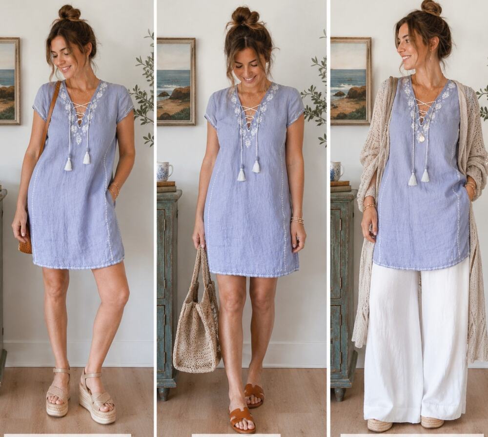 Saks 5th Avenue Linen Tunic Dress Size M Embroidery Boho Summer Vaca